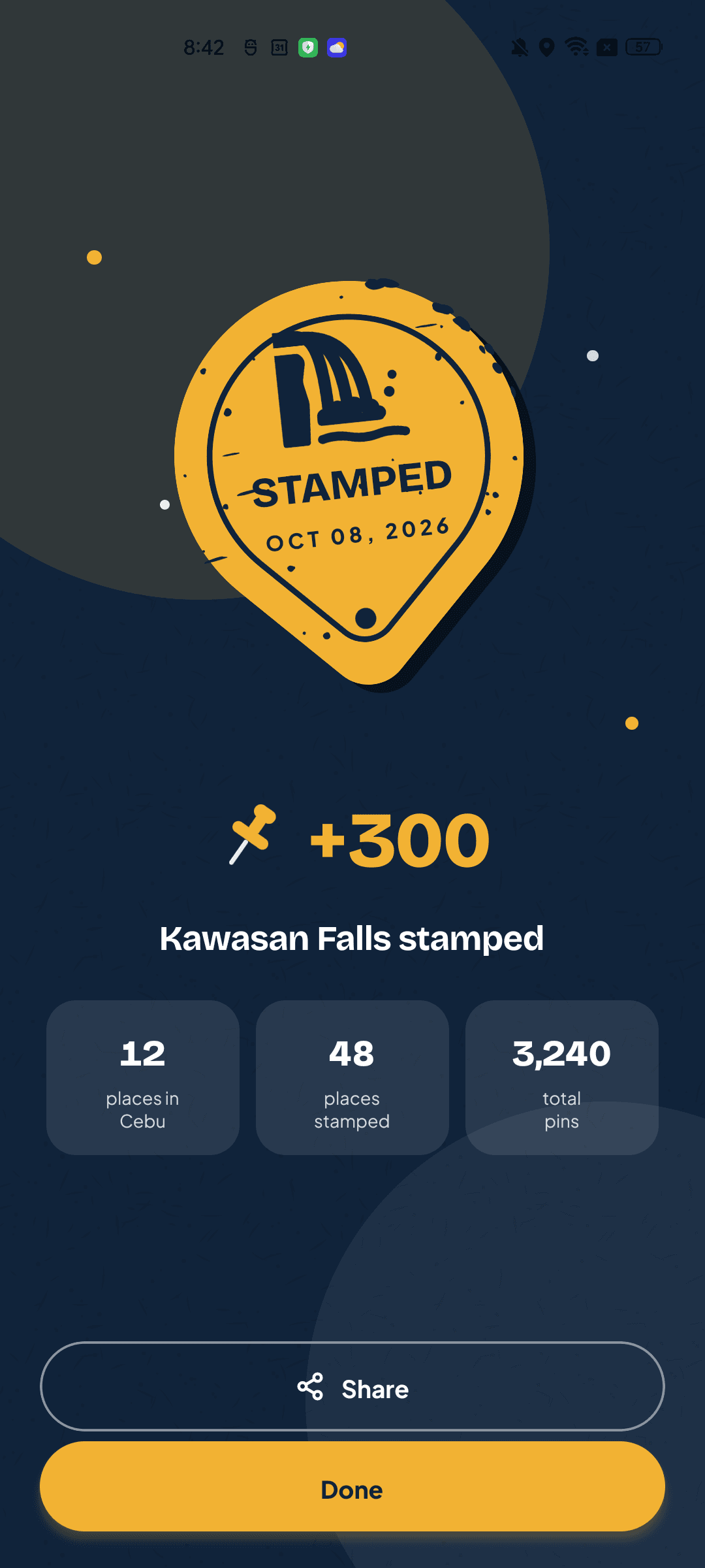 The Stamped screen after stamping Kawasan Falls: +300 pins