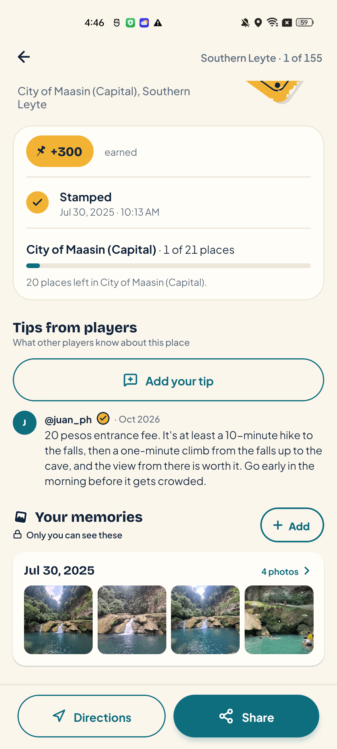 A waterfall's place screen: a player's tip on the fee and the hike, and your photo memory of the trip